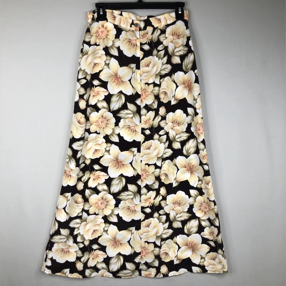 Vintage 90s Y2k A.Byer Floral Midi Skirt Brown Yellow Tropical Print Size 11